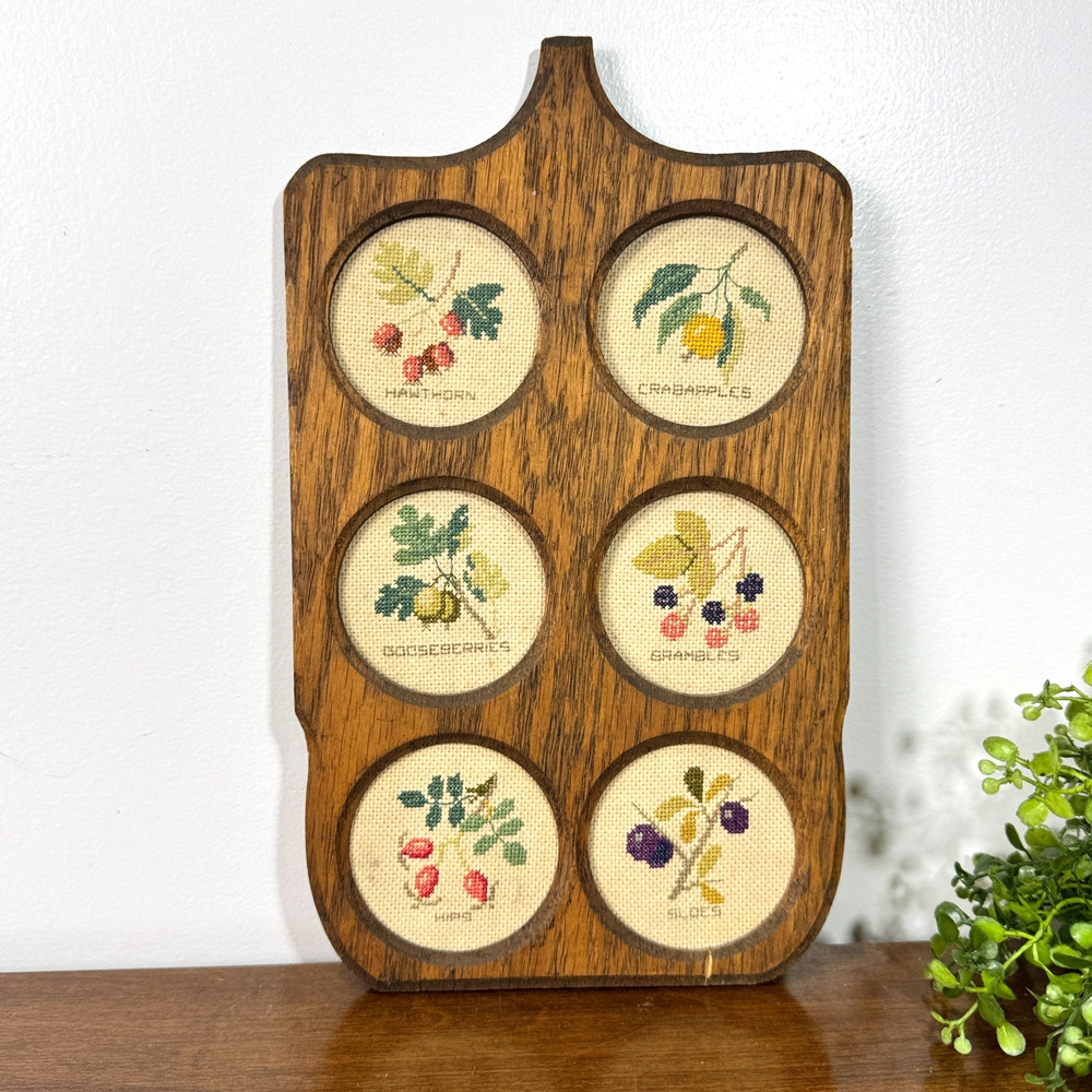 Vintage Oak Framed Botanical Cross Stitch Berry Wall Hanging Cottage Decor